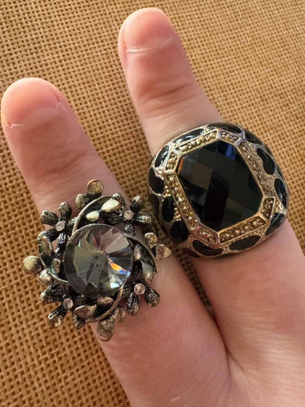 Lot 2 Stretch Rings Black Statement Rhinestone Cocktail Size 9-11